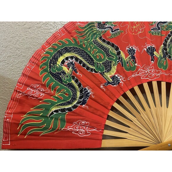 Large Japanese Asian Dragon Wall Fan Red Oriental Bamboo Wall Hanger 24”X40” - Picture 5 of 11
